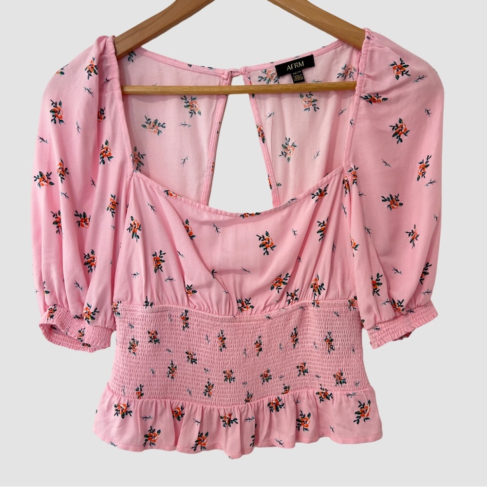 AFRM Pink Cropped Floral Print Blouse XS